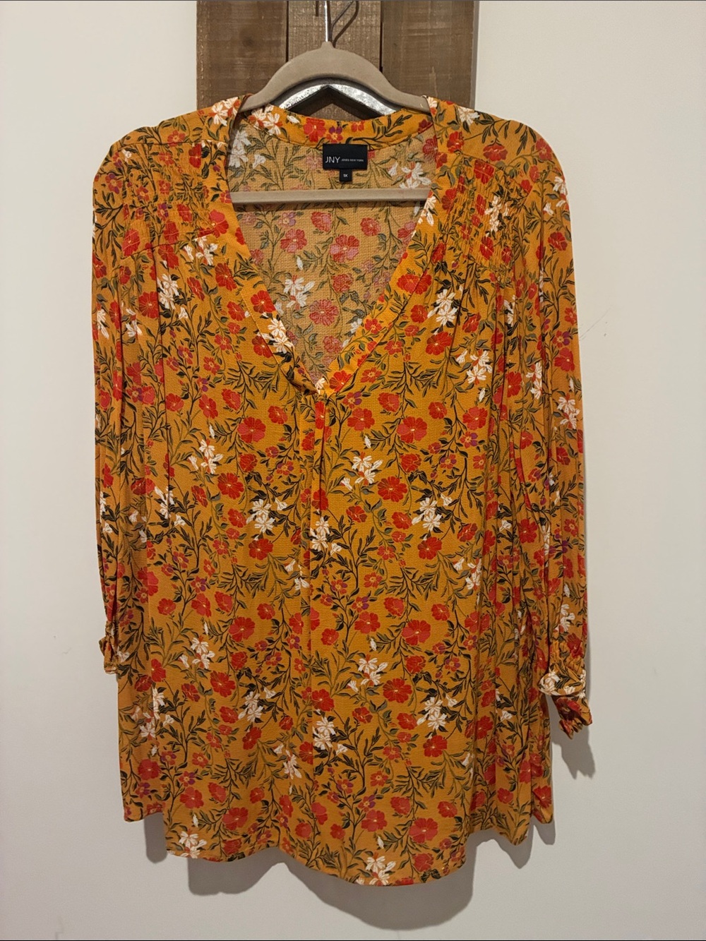 NY Collection Mustard Floral V-Neck Tunic with Red & White Blooms
